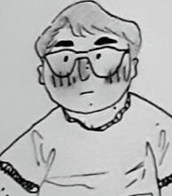self portrait of oliver drawn in pen, he wears glasses, a loose t-shirt, and short hair
